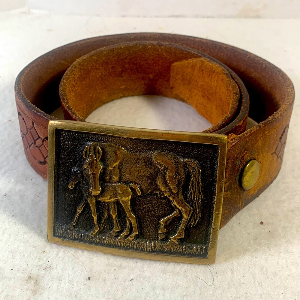 Vintage BTS Solid Brass Stallion and Colt Brown Leather Engraved Belt